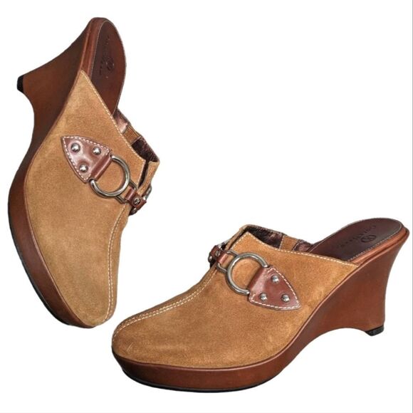 Cole Haan Shoes - Cole Haan Jianna tan cognac suede & leather horsebit buckle mule wedge heels 7.5